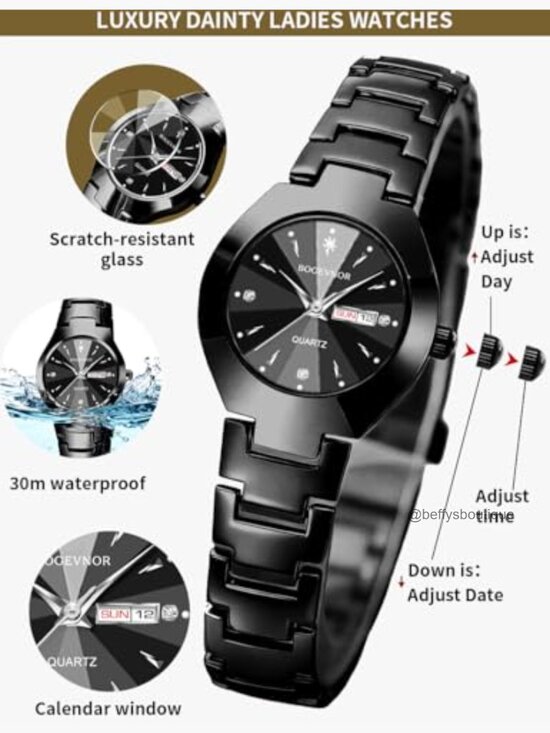 Women\'s Dainty Day Date Watch Stainless Steel Quartz Water Resistant